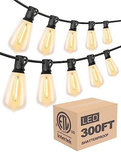 Lightdot 300FT Outdoor String Lights, LED Bistro String Lights with Shatterproof ST38 Vintage Bulbs, 2200K Dimmable, Waterproof Hanging Lights - ETL Listed
