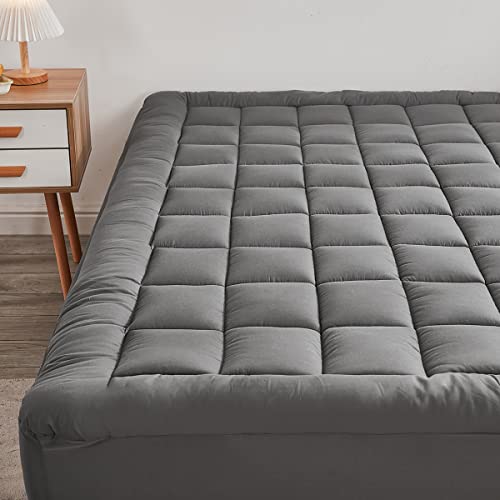 Mattress Pad Cover with Stretches to 18 Deep Pocket Fits Up to 8-21 Cooling Bed Topper, Soft and Breathable Mattress Protector Cover (Gray, Queen)