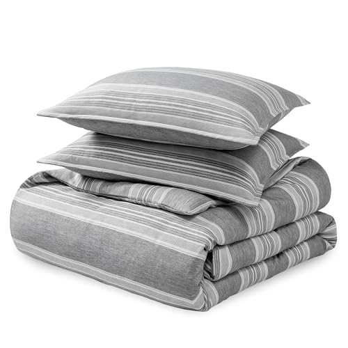 Bare Home Bedding Duvet Cover Queen Size - Premium 1800 Super Soft Collection - Lightweight, Duvet Cover - Soft Textured Bedding (Queen, Stripe - Heathered Charcoal)