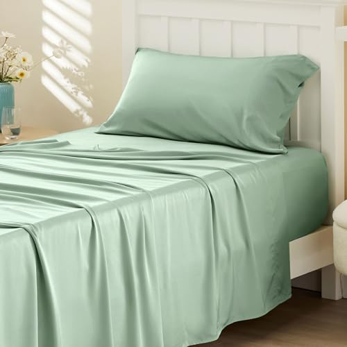 Bedsure Cooling Sheets Twin, Rayon Derived from Bamboo, Breathable & Soft Twin Sheets Set, Deep Pocket Up to 16 Inches, Hotel Luxury Silky Bedding for Hot Sleepers, Sage Green