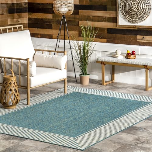 nuLOOM 5' x 8' Outdoor Area Rug, Casual Design With Striped Border, Stain Resistant, Highly Durable, For Patio, Balcony, Bedroom, Living Room, Dining Room, Bathroom, Teal