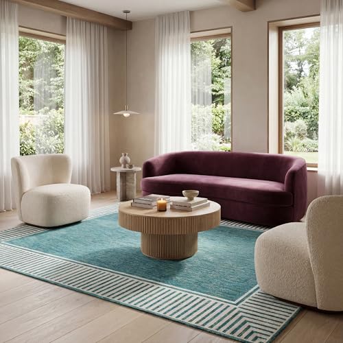 nuLOOM 8' x 10' Outdoor Area Rug, Casual Design With Striped Border, Stain Resistant, Highly Durable, For Patio, Balcony, Bedroom, Living Room, Dining Room, Bathroom, Teal