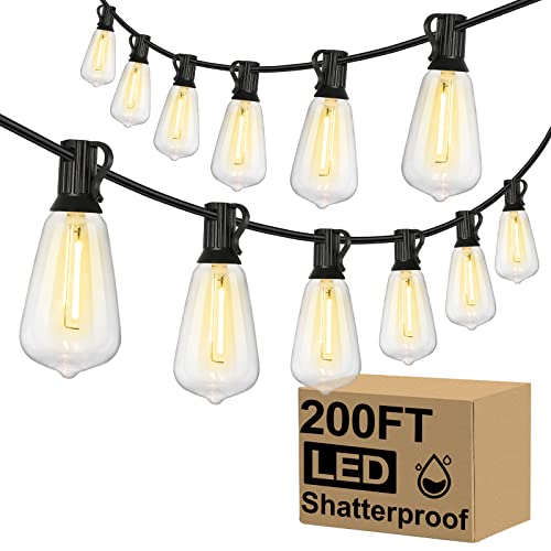 Brightever Outdoor String Lights 200FT Waterproof, Patio String Lights for Outside with 100+4 ST38 Shatterproof LED Filament Bulbs, Dimmable Hanging Lights (2-Pack 100FT)