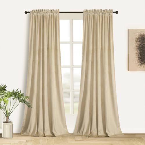 Roslynwood Cream Velvet Curtains Block Light - Classic Solid Christmas Decorative Thermal Insulated Black Window Drapery for Living Room, Rod Pocket, W52 x L84-inch, 2 Panels