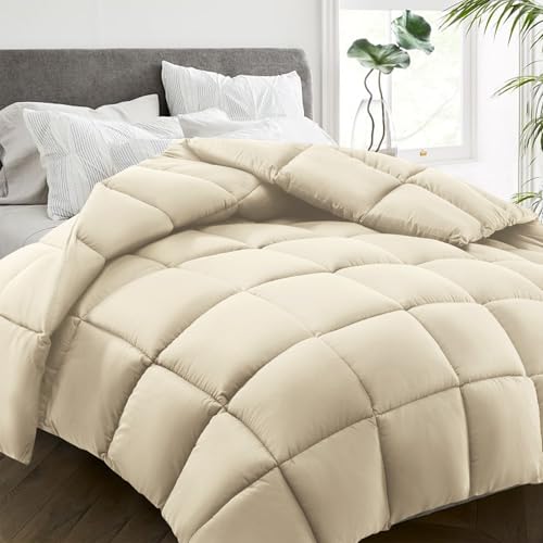 HYLEORY All Season California King Size Bed Comforter - Cooling Down Alternative Quilted Duvet Insert with Corner Tabs - Winter Warm - Machine Washable - Beige