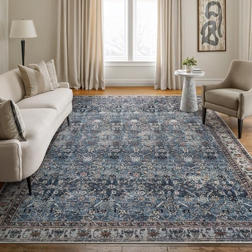Bloom Rugs Washable Non-Slip 8' x 10' Rug - Blue/Beige Traditional Area Rug for Living Room, Bedroom, Dining Room, and Kitchen - Exact Size: 8' x 10'