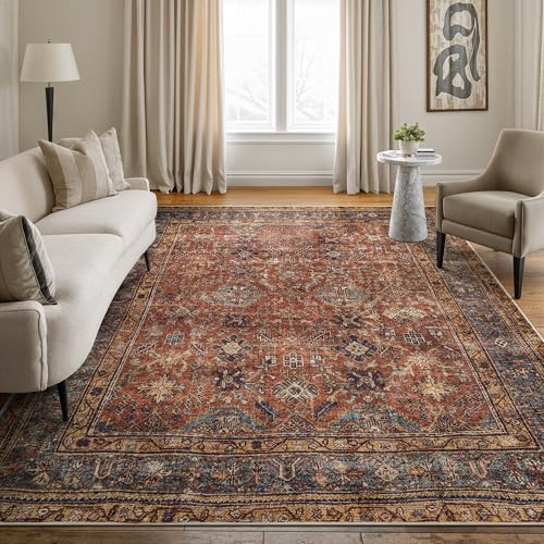 Bloom Rugs Washable Non-Slip 6' x 9' Rug - Terracotta/Mustard Traditional Area Rug for Living Room, Bedroom, Dining Room, and Kitchen - Exact Size: 6' x 9'