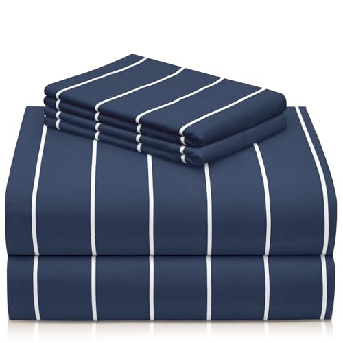 LuxClub 4 PC Cal King Size Sheet Set Bed Sheets, Breathable Luxury Deep Pockets Wrinkle Free Cooling Sheets Machine Washable Hotel Bedding (Cal King, Striped Navy)