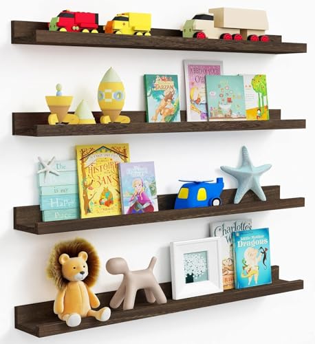 Forbena Rustic Wood Wall Shelves for Living Room Set of 4, 36 Inch Long Floating Shelves with Lip, Large Farmhouse Wooden Picture Ledge Shelf for Bedroom Office Hallway Photo Frames (Dark Brown)