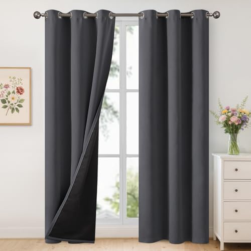 YoungsTex Dark Grey Insulated 100% Blackout Curtains 84 Inch Length for Living Room, Thermal Heat Blocking Drapes with Grommet Darkening Energy Saving for Summer Bedroom, 2 Panels, 42 X 84 Inch
