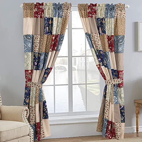 Cozy Line Home Fashions 100% Cotton Hand Piecing Real Patchwork Red Navy Patchwork Window Curtains with Tie Backs Set, 84" x 53", 2 Panels