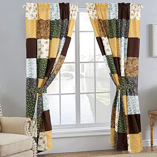 Cozy Line Home Fashions 100% Cotton Hand Piecing Real Patchwork Brown Olive Farmhouse Country Patchwork Window Curtains with Tie Backs Set, 84" x 53", 2 Panels