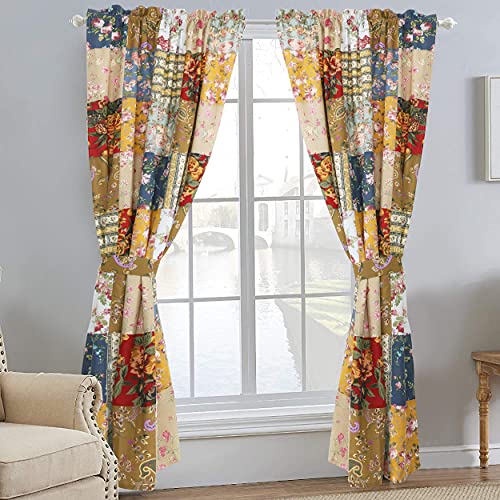 Cozy Line Home Fashions 100% Cotton Hand Piecing Real Patchwork Khaki Red Patchwork Window Curtains with Tie Backs Set, 84" x 52", 2 Panels