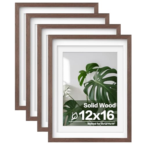 Egofine 12x16 Picture Frames Set of 4, Made of Solid Wood Covered by Plexiglass 9x12 and 11x14 with Mat or 12x16 without Mat, for Wall Mounting Photo Frame Brown