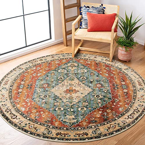 Lahome Boho Tribal Round Rugs 5ft Washable Kitchen Round Area Rug, Non Slip Bedroom Living Room Circle Circular Rug, Oriental Low Pile Entryway Carpet for Dining Bathroom (Rust/Dull Teal,5ft-Round)
