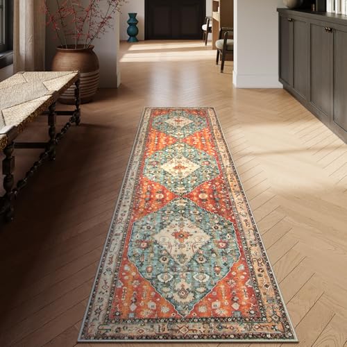 Lahome Boho Tribal 2x8 Washable Kitchen Runner Rug, Soft Rug Runners for Hallways Non Slip, Vintage Oriental Indoor Throw Bathroom Carpet Runner for Entryway Bedroom (Rust/Dull Teal,2x8ft)