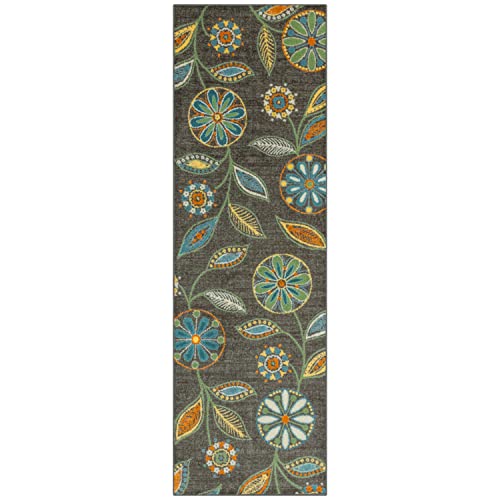 Maples Rugs Reggie Floral Runner Rug - Made in USA - Washable, Non Slip Indoor Carpet for Kitchen, Hallway, and Laundry Room, 2'6" x 8', Dark Grey