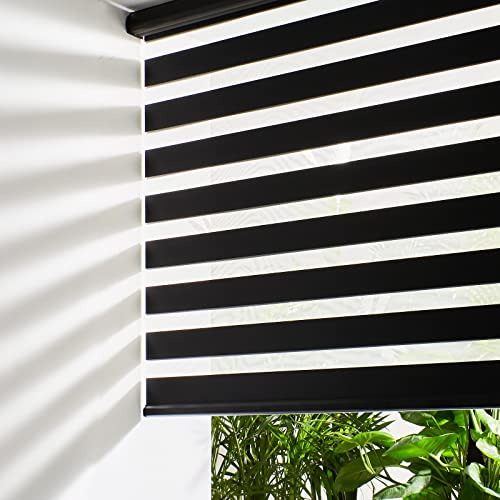 Persilux Cordless Zebra Blinds for Windows Free-Stop Roller Windows Shades (34" W X 47" H, Black) Dual Layer Light Control for Day and Night, Light Filtering Sheer Shades for Home, Easy to Install