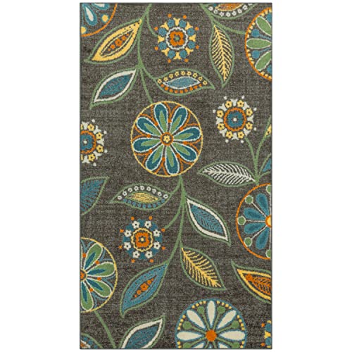 Maples Rugs Reggie Floral Area Rug - Made in USA - Washable, Non Slip, Pet-Friendly Mats for Living Room, Bedroom, and Office, 3'4" x 6', Dark Grey