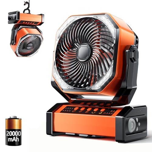 Camping LED Fan with Light, 20000mAh Rechargeable Battery Powered Outdoor Tent Fan with Light and Hook, 4 Speed, Personal USB Desk Fan for Camping, Fishing, Power Outage,Hurricane, Worksite