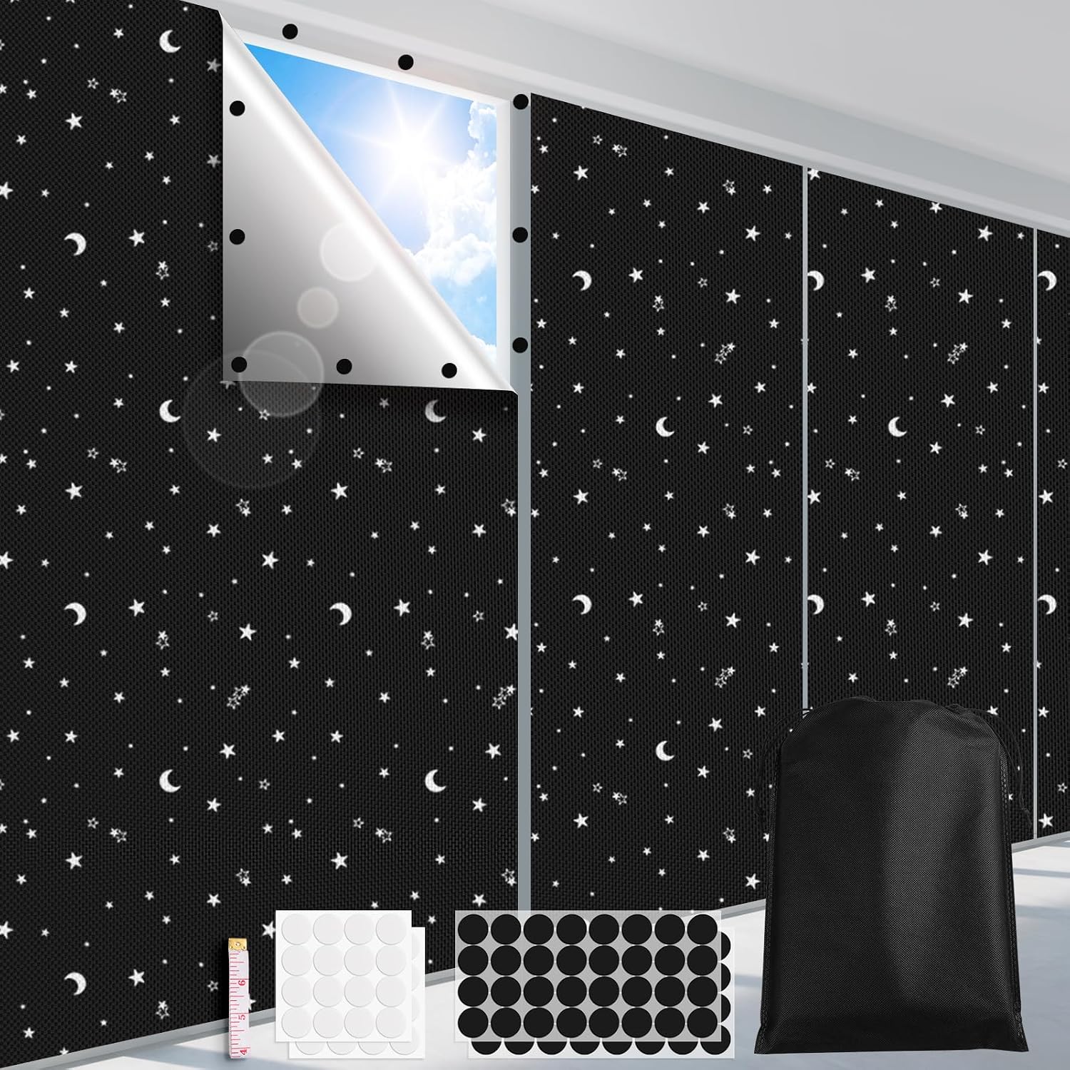 100% Blackout Curtains, Portable Black Out Window Cover Film, Cuttable Blackout Shades Fabric Sheet, No Drill Window Blinds, Sun Heat Light Blocker for Travel Media Dorm Bedroom, 57''W - 2Pack
