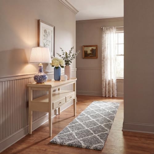 SAFAVIEH Hudson Shag Collection Runner Rug - 2'3" x 10', Distressed Grey & Ivory, Trellis Design, Non-Shedding & Easy Care, 2-inch Thick Ideal for High Traffic Areas in Living Room, Bedroom (SGH281K)