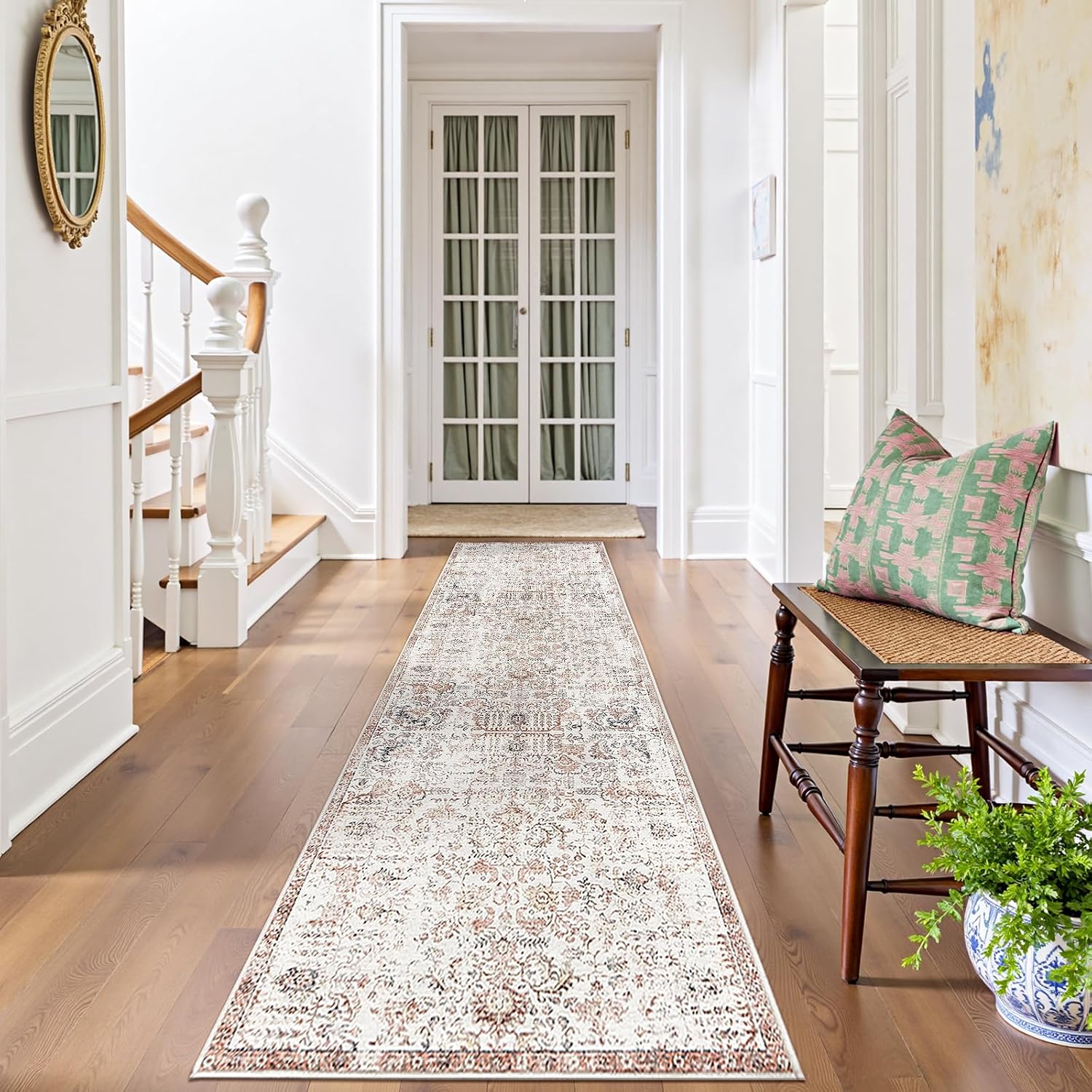 jinchan Runner Rug 2x10 Washable Hallway Rug Vintage Indoor Thin Retro Floor Cover Distressed Floral Country Lightweight Non Slip Carpet for Entryway Bathroom Kitchen Bedroom Living Room Stairway Red