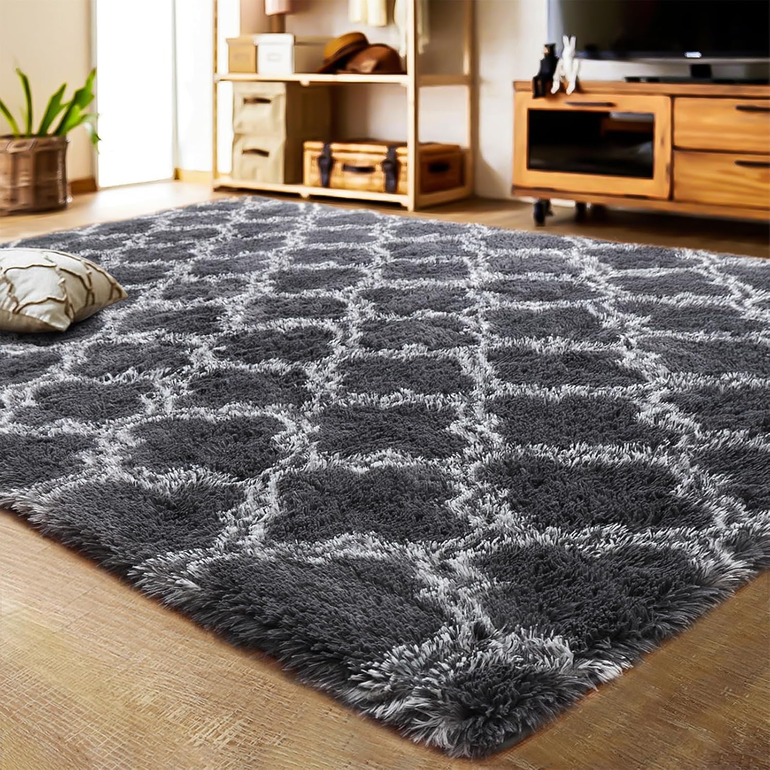 LOCHAS Luxury Shag Area Rug 8 x10 Feet Geometric Plush Fluffy Rugs, Extra Soft Carpet Moroccan Rugs for Bedroom Living Room Dorm Kids, High Pile Shaggy Floor Rug Decor, Dark Grey and White