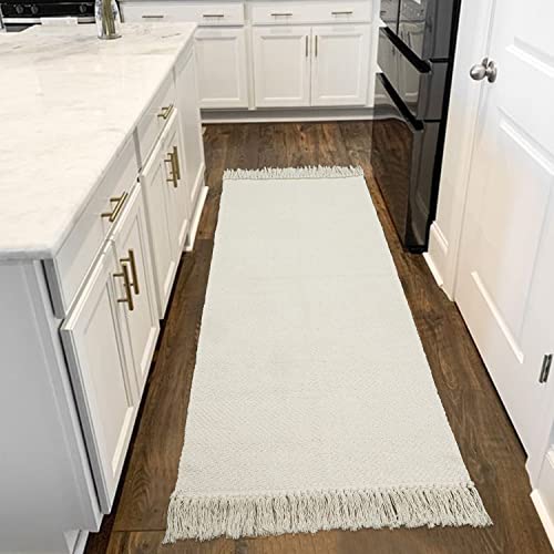 Collive 2x6 Runners for Hallway, Woven Reversible Washable Entryway Runner Rug, White/Beige Cotton Modern Farmhouse Laundry Room Carpet for Bathroom Sink Foyer Bedroom