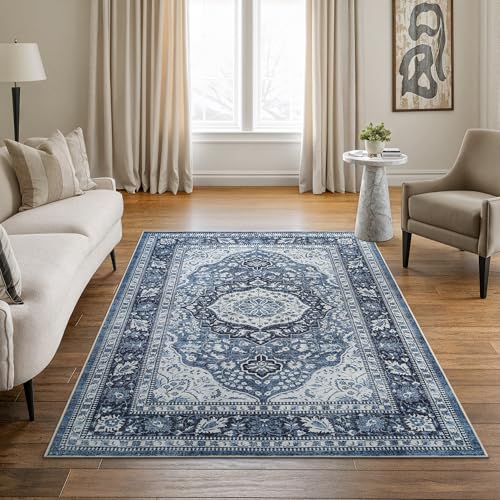 Bloom Rugs Caria Washable Non-Slip 4x6 Rug - Blue Traditional Area Rug for Living Room, Bedroom, Dining Room, and Kitchen - Exact Size: 4' x 6'