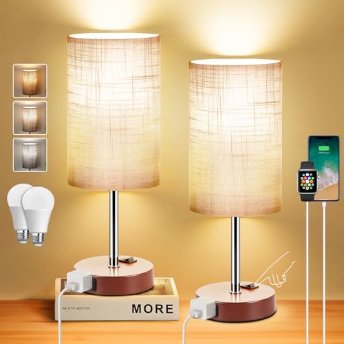 ZJOJO Table Lamp for Bedroom Set of 2, Bedside Small Lamps with 3 Way Dimmable Rocker Switch and AC Outlet, Nightstand Desk Lamp with Gray Fabric Shade Brown Base for Living Room Home Decor Lights