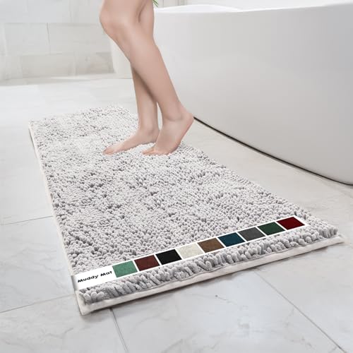 Muddy Mat Chenille Bathroom Rugs Quick Dry Microfiber Mats Non Slip Washable, Extra Thick, Soft and Highly Absorbent Bath Mats for Bathroom, Kitchen, and Shower Floor - White Runner 59"X24"