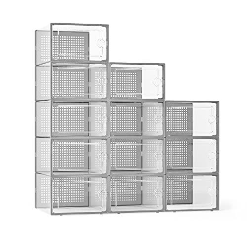 Kuject X-Large Shoe Storage Boxes Organizers Clear Plastic Stackable 12 Pack, Shoe Rack & Holder Substitute, Sneaker Containers, Toy Storage Organizer Bins for Entryway, Closet, Under Bed, Grey