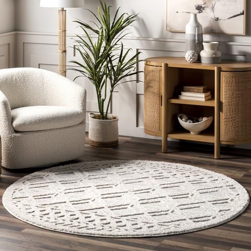 nuLOOM 6 Round Ansley Moroccan Tassel Area Rug, Light Grey, High-Low Textured Bohemian Design, Plush High Pile, Stain Resistant, For Bedroom, Living Room, Hallway, Entryway