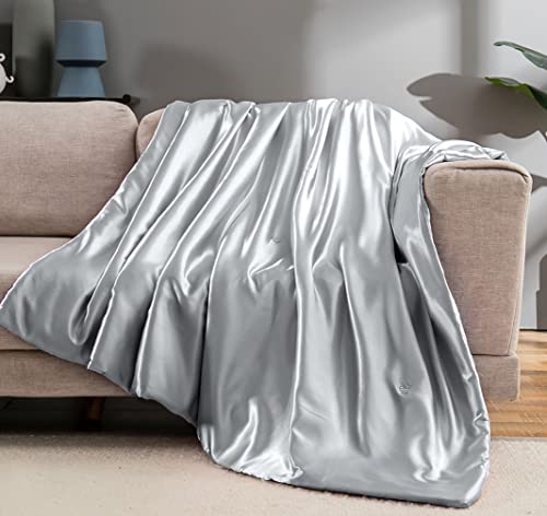 Vonty Satin Throw Blanket Silver Grey 90x90 Inches With Small Flowers - Cooling & Silky, Wrinkle-Free Cable Knit Big Size for Couch, Sofa, Bed, Outdoor