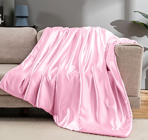 Vonty Satin Throw Blanket Blush Pink Satin Blankets 90x90 Inches(with Small Flowers), Cooling & Silky Throw Blanket Wrinkle-Free Cable Knit Big Size Throw Blanket for Coush Sofa Bed Outdoor