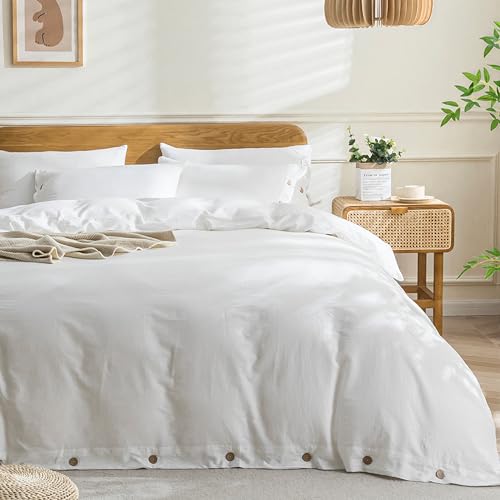 JELLYMONI Cotton Duvet Cover Oversized King Size - Bright White Comforter Cover with Button 100% Washed Cotton 3PCS Breathable Soft Solid Bedding Set Duvet Cover 12098in & 2 Pillowcases (NO Insert)