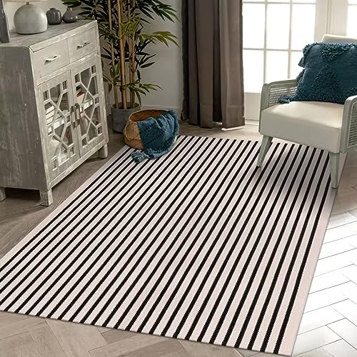 LEEVAN Washable Area Rug - 5'x8' Living Room & Bedroom Rug - Black & White Striped for Kitchen, Dining Room, Playroom, Mudroom, Entryway