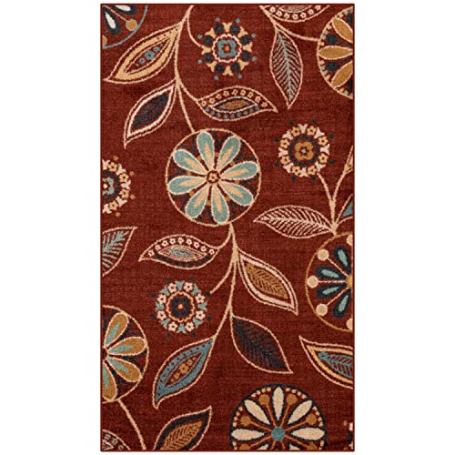 Maples Rugs Reggie Floral Area Rug - Made in USA - Washable, Non Slip, Pet-Friendly Mats for Living Room, Bedroom, and Office, 3'4" x 6', Merlot