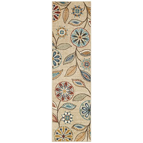 Maples Rugs Reggie Floral Runner Rug - Made in USA - Washable, Non Slip Indoor Carpet for Kitchen, Hallway, and Laundry Room, 2' x 7', Beige