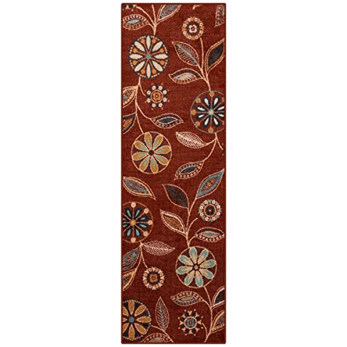 Maples Rugs Reggie Floral Runner Rug - Made in USA - Washable, Non Slip Indoor Carpet for Kitchen, Hallway, and Laundry Room, 2'6" x 8', Merlot