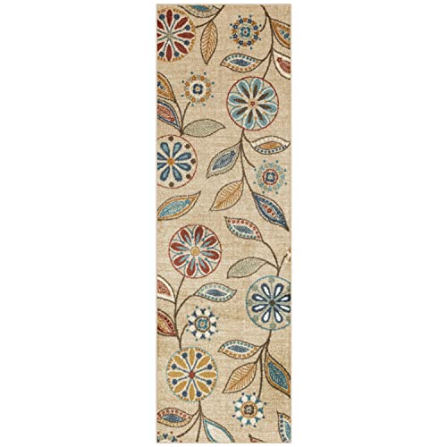 Maples Rugs Reggie Floral Runner Rug - Made in USA - Washable, Non Slip Indoor Carpet for Kitchen, Hallway, and Laundry Room, 2'6" x 8', Beige