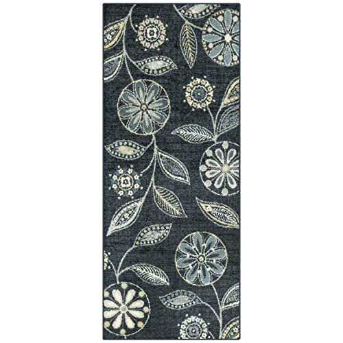 Maples Rugs Reggie Floral Runner Rug - Made in USA - Washable, Non Slip Indoor Carpet for Kitchen, Hallway, and Laundry Room, 2'6" x 6', Persian Blue