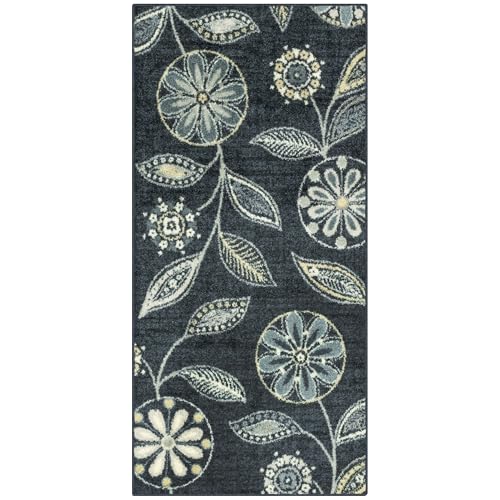 Maples Rugs Reggie Floral Runner Rug - Made in USA - Washable, Non Slip Indoor Carpet for Kitchen, Hallway, and Laundry Room, 2'6" x 5', Persian Blue