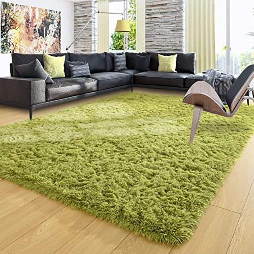 Ompaa Green 8x10 Feet Large Area Rugs Fluffy Living Room Carpet, Wall to Wall Big Shag Grass Green Rug for Bedroom Kids Playroom Classroom Nursery Home Office Decor