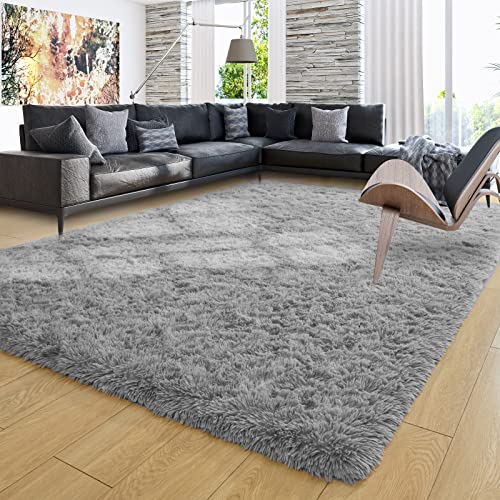 Ompaa Grey 8x10 Feet Large Area Rugs Fluffy Living Room Carpet, Wall to Wall Big Shag Gray Rug for Bedroom Kids Playroom Classroom Nursery Home Office Decor