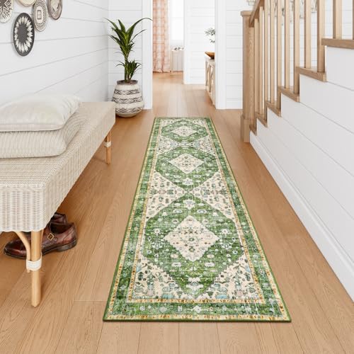 Lahome Boho Tribal Runner Rug - 2x7 Green Oriental Runners for Hallways Entryway Rugs Runner, Vintage Soft Washable Non Slip Throw Carpet Runners for Kitchen Bathroom Closet Living Powder Room