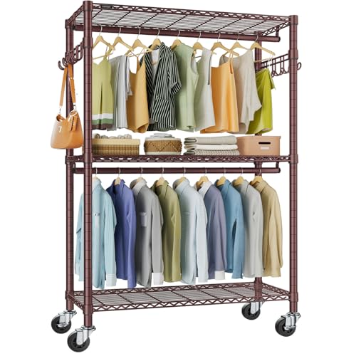 VIPEK R2 Plus Rolling Clothes Rack for Hanging Clothes Heavy Duty Clothing Rack 3 Tiers Adjustable Metal Wire Shelving Garment Racks with Side Hooks, Closet Organizers and Storage Wardrobe, Bronze