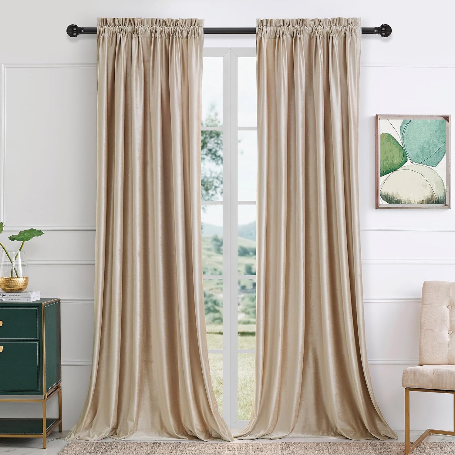PRIMROSE Champagne Beige Velvet Curtains 90 inches Long 2 Panels Luxury Blackout Curtains for Bedroom Living Room Darkening Thermal Insulated Modern Rod Pocket Window Drapes