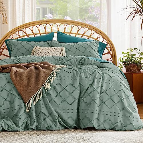 Bedsure Boho Duvet Cover Queen Size - Green Breathable & Soft Boho Bedding, Machine Washable Comforter Cover for All Seasons, Includes 1 Duvet Cover 90"x90" with 2 Pillow Shams & Zipper Closure
